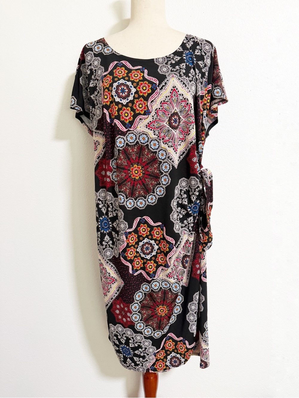 Robbie Bee Boho Floral Side Tie Stretch Knit Dress Size 1X